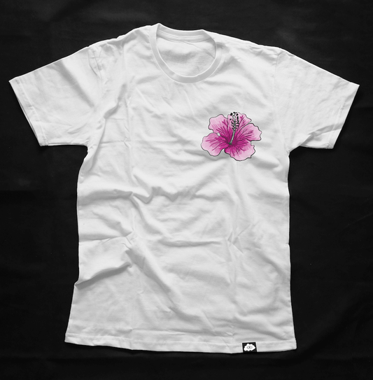Crisp Hibiscus Pocket Tee embracing tropical vibes.